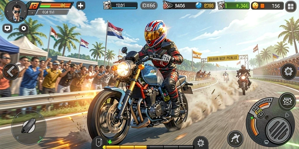 Tampilan gameplay seru di <strong>IDX66</strong>, menampilkan balapan motor yang mendebarkan.