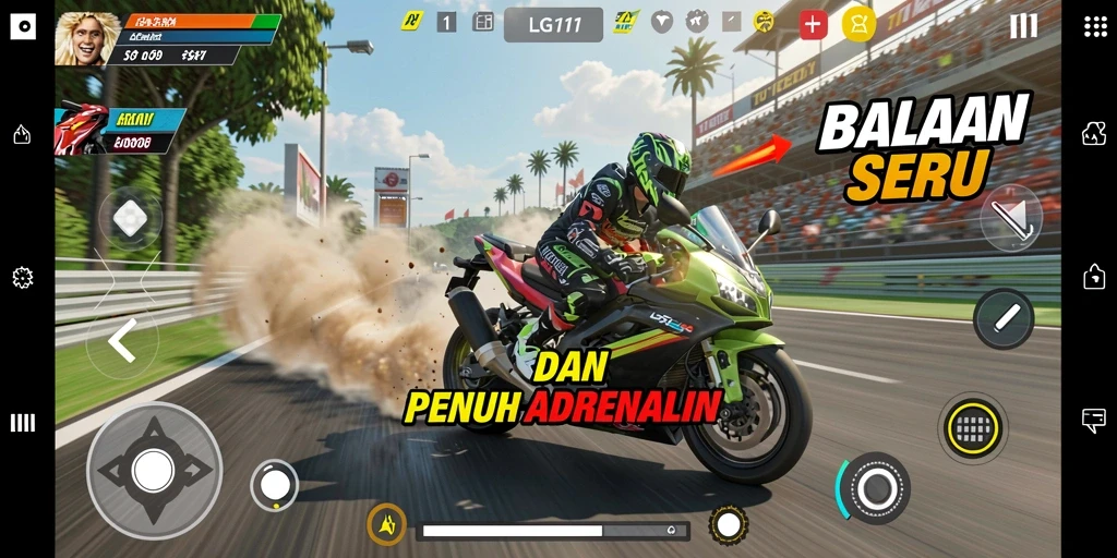 Tampilan gameplay LG111 yang mendebarkan saat balapan motor di lintasan.