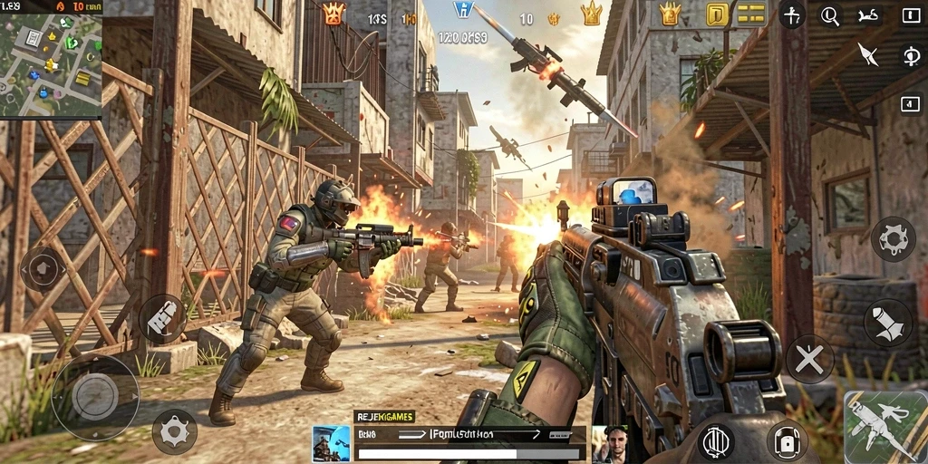 Tampilan gameplay menegangkan di REJEKIGAMES dengan aksi tembakan seru.