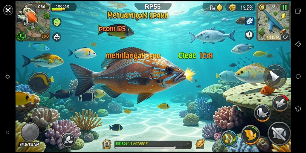 Screenshot gameplay RP55 menampilkan aksi menangkap ikan yang seru.