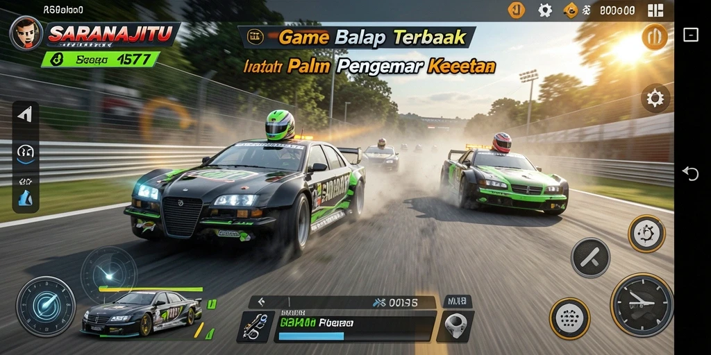 Screenshot gameplay <strong>SARANAJITU</strong> menunjukkan balapan seru di trek yang menantang.