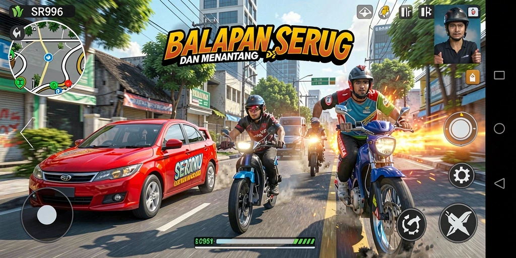 Gameplay balapan seru di SR996 dengan mobil yang kencang.